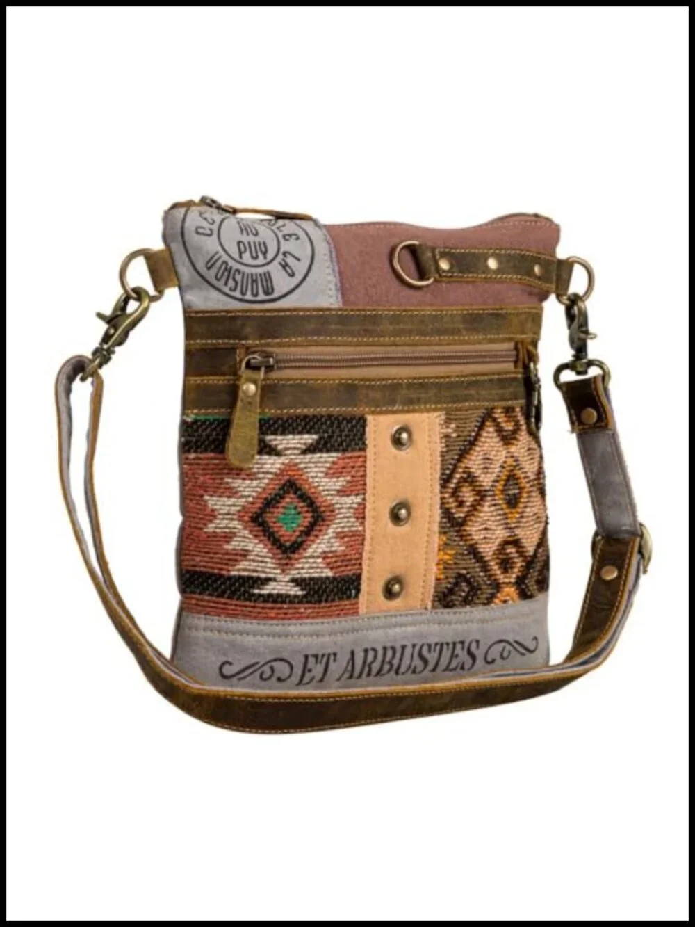 Western Upcycled Canvas & Leather Crossbody Bag with Pockets
